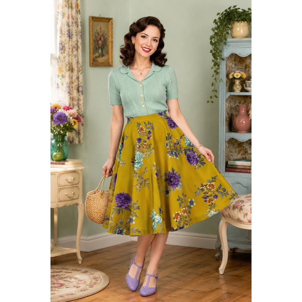 ModCloth Yellow Floral A Line Midi Skirt WOMEN SATIN CIRCLE RETRO M